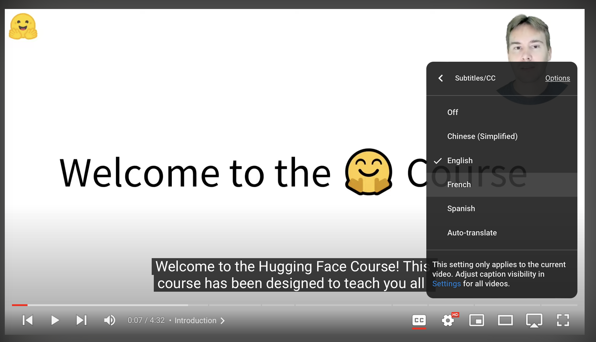 Activating subtitles for the Hugging Face course YouTube videos