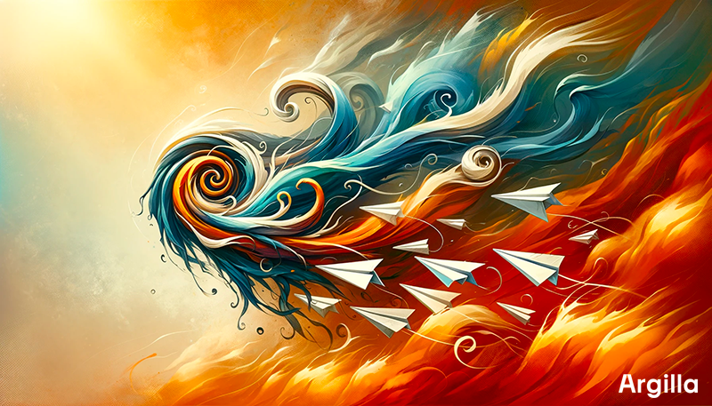 A banner representing Notus, the wind god of the south, in a mythical and artistic style. The banner features a strong, swirling breeze, embodying the warm, wet character of the southern wind. Gracefully flowing across the scene are several paper planes, caught in the gentle yet powerful gusts of Notus. The background is a blend of warm colors, symbolizing the heat of the south, with hints of blue and green to represent the moisture carried by this wind. The overall atmosphere is one of dynamic movement and warmth.